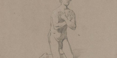 Claudi Lorenzale - Nu masculí en actitud de pregària (anvers) / Estudi de figures femenines (revers) - Cap a 1860-1870 image for: Claudi Lorenzale - Nu masculí en actitud de pregària (anvers) / Estudi de figures femenines (revers) - Cap a 1860-1870