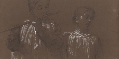 Claudi Lorenzale - Dos escolanets, un d'ells tocant la flauta - Cap a 1850-1870 image for: Claudi Lorenzale - Dos escolanets, un d'ells tocant la flauta - Cap a 1850-1870
