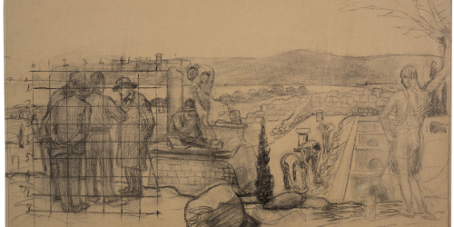 image for: Joan Llimona - Treballs arqueològics a Empúries. Projecte per a l&#039;escala de l&#039;antic palau del Governador del Parc de la Ciutadella (plafó esquerre) - 1925