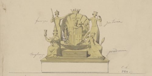 Claudi Lorenzale - Escut de Barcelona amb les al·legories de la Força, la Justícia, la Temprança i la Prudència - Cap a 1860-1880 image for: Claudi Lorenzale - Escut de Barcelona amb les al·legories de la Força, la Justícia, la Temprança i la Prudència - Cap a 1860-1880