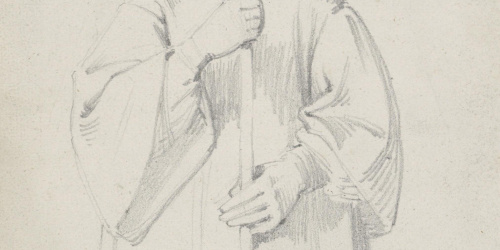 Claudi Lorenzale - Estudi de sagristà amb la creu alçada per al quadre «La mort del rei Pere III a Vilafranca» - Cap a 1870 image for: Claudi Lorenzale - Estudi de sagristà amb la creu alçada per al quadre «La mort del rei Pere III a Vilafranca» - Cap a 1870