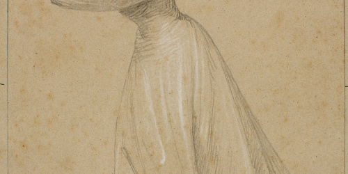 Claudi Lorenzale - Estudi de dona dempeus, amb el cap entre els braços enlairats per al quadre d'episodi històric de la família Centelles (anvers) / Home vell amb nen i estudi de màniga (revers) - Cap a 1850-1855 image for: Claudi Lorenzale - Estudi de dona dempeus, amb el cap entre els braços enlairats per al quadre d'episodi històric de la família Centelles (anvers) / Home vell amb nen i estudi de màniga (revers) - Cap a 1850-1855
