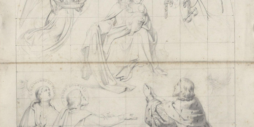 Claudi Lorenzale - Estudi de l'Aparició de la Mare de Déu a Jaume el Conqueridor, sant Pere Nolasc i sant Raimon de Penyafort per al quadre fet per a l'Ajuntament de València (anvers) / Estudi de... - Setembre 1860 image for: Claudi Lorenzale - Estudi de l'Aparició de la Mare de Déu a Jaume el Conqueridor, sant Pere Nolasc i sant Raimon de Penyafort per al quadre fet per a l'Ajuntament de València (anvers) / Estudi de... - Setembre 1860