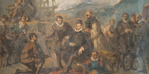 image for: Ricard Canals - Felip II, assegut en una butaca i envoltat de cortesans, contempla els plànols del monestir de l&#039;Escorial - Cap a 1929