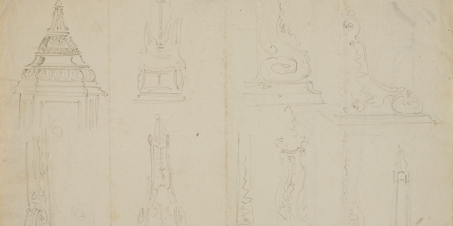 Claudi Lorenzale - Projecte de motius arquitectònics (anvers) / Apunts de motius arquitectònics (revers) - Cap a 1860-1880 image for: Claudi Lorenzale - Projecte de motius arquitectònics (anvers) / Apunts de motius arquitectònics (revers) - Cap a 1860-1880
