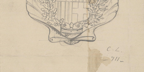 Claudi Lorenzale - Projecte d'escut de Barcelona emmarcat dins d'una petxina - Cap a 1850-1870 image for: Claudi Lorenzale - Projecte d'escut de Barcelona emmarcat dins d'una petxina - Cap a 1850-1870