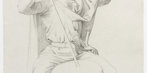 Claudi Lorenzale - Home assegut sobre una pedra o farcell saludant amb el barret - Cap a 1850-1870 image for: Claudi Lorenzale - Home assegut sobre una pedra o farcell saludant amb el barret - Cap a 1850-1870