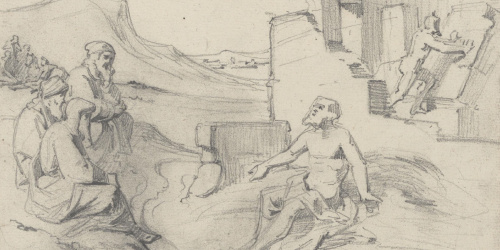 Claudi Lorenzale - Decoració de les ruïnes d'un temple: en primer terme, un home nu explicant quelcom a tres vells que l'escolten atentament - Cap a 1850-1870 image for: Claudi Lorenzale - Decoració de les ruïnes d'un temple: en primer terme, un home nu explicant quelcom a tres vells que l'escolten atentament - Cap a 1850-1870