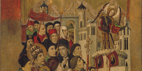 image for: Jaume Huguet - Aparició de sant Miquel al castell de Sant&#039;Angelo - Cap a 1455-1460