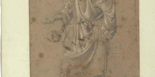 image for: Marià Fortuny - Estudi acadèmic de pidolaire (anvers) / Esbós de figures medievals (revers) - Cap a 1856-1858