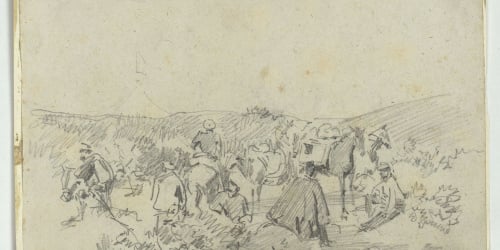 image for: Marià Fortuny - Paisatge amb soldats espanyols (anvers) / Croquis de paisatge amb soldats (revers) - Cap a 1860