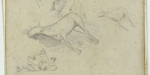 image for: Marià Fortuny - Cavalls ajaguts i esbós de figures (anvers) / Cavall al galop (revers) - Cap a 1860-1862