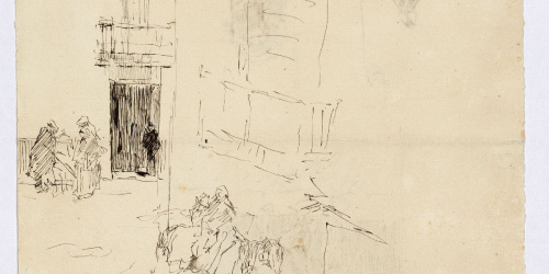 image for: Marià Fortuny - Esbós de carrer amb figures (anvers) / Figures i campanars (revers) - Cap a 1870-1872