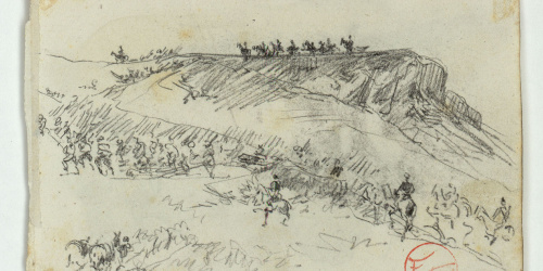 image for: Marià Fortuny - Paisatge marroquí amb l'exèrcit espanyol (anvers) / Genets i sarrons (revers) - Cap a 1860