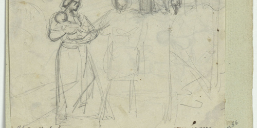 image for: Marià Fortuny - Reina amb infant als braços i altres figures (anvers) / Figura masculina amb carcaix i croquis d&#039;altres figures (revers) - Cap a 1856-1858