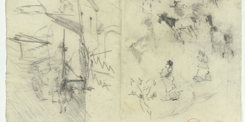 image for: Marià Fortuny - Croquis de carrer amb un carro, figures femenines i animals - Cap a 1874