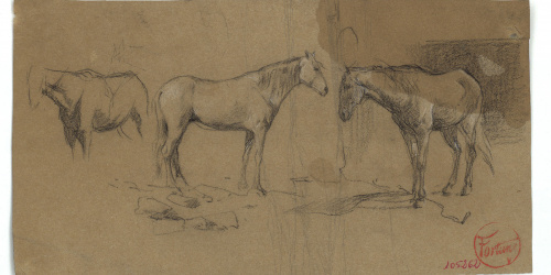 image for: Marià Fortuny - Cavalls (anvers) / Cavall i camell (revers) - Cap a 1860-1862