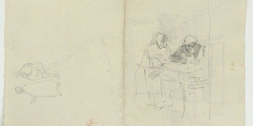 image for: Marià Fortuny - Esbós de figures i parella davant d&#039;una taula (anvers) / Esbós d&#039;interior d&#039;església amb figura (revers) - Cap a 1867-1872