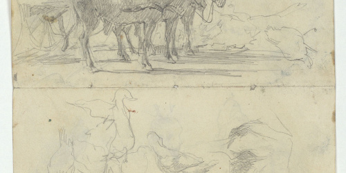 image for: Marià Fortuny - Rucs junyits a un carro i croquis de gallines (anvers) / Gallines i figura femenina (revers) - Cap a 1867-1872