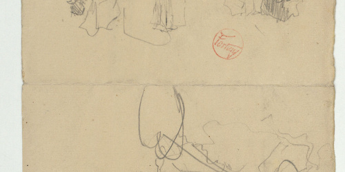 image for: Marià Fortuny - Esbós de figures femenines i croquis inconcret (anvers) / Croquis arquitectònic (revers) - Cap a 1870-1874