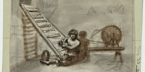 image for: Marià Fortuny - Presoner a la presó (anvers) / Fragment d&#039;escena i altres croquis (revers) - Cap a 1856-1858