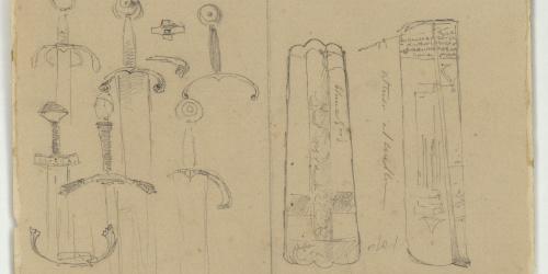 image for: Marià Fortuny - Espases i peces d&#039;armadura (anvers) / Espingarda, espasa, punyal i altres objectes (revers) - Cap a 1860-1862