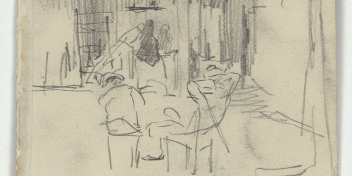 image for: Marià Fortuny - Plaça porxada amb figures (anvers) / Croquis de detalls arquitectònics (revers) - Cap a 1863-1866