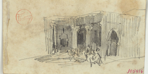 image for: Marià Fortuny - Edifici marroquí amb figures (anvers) / Marroquins, detall d&#039;un edifici d&#039;estil musulmà i rucs (revers) - Cap a 1860-1862