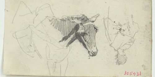 image for: Marià Fortuny - Croquis de figures i cavall (anvers) / Croquis d&#039;un ase i marroquí (revers) - Cap a 1860-1862