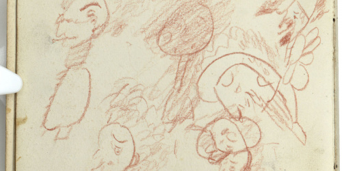 image for: Marià Fortuny - Caricatures (anvers) / Cap masculí i croquis inconcret (revers) - Cap a 1866-1872