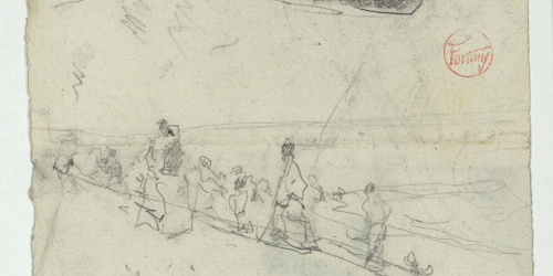 image for: Marià Fortuny - Barca i figures a la platja (anvers) / Esbós de barca i de vas (revers) - Cap a 1874