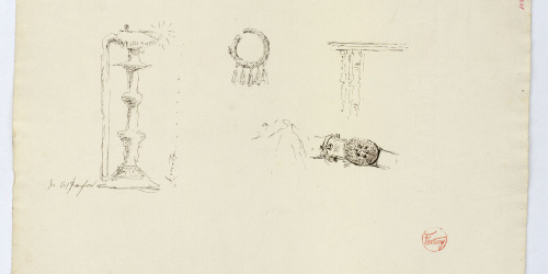 image for: Marià Fortuny - Llàntia d&#039;estil musulmà, arracada, sivella i croquis inconcret - Cap a 1870-1872