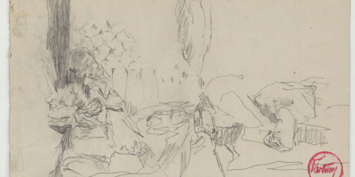 image for: Marià Fortuny - En el tren de Nápoles a Roma (anvers) / Croquis inconcret (revers) - 1874