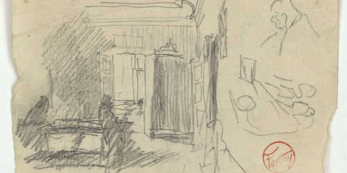 image for: Marià Fortuny - Estudi per al quadre «La vicaria» (anvers) / Croquis de figures (revers) - Cap a 1868-1870
