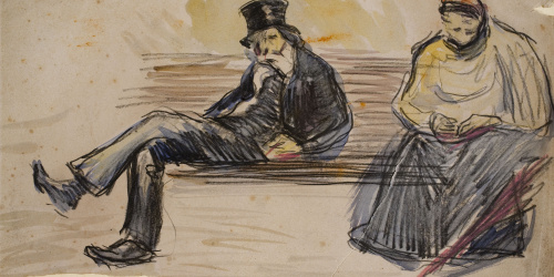 image for: Ricard Canals - Home i dona asseguts en un banc - Cap a 1896-1900