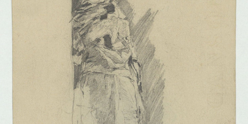 image for: Marià Fortuny - Figura recolzada en un mur (anvers) / Esbós de rostre masculí (revers) - Cap a 1860-1862
