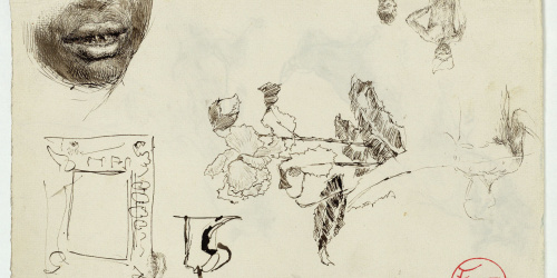 image for: Marià Fortuny - Estudi per al quadre «Els fills del pintor en un saló japonès» (anvers) / Gossos (revers) - Cap a 1874