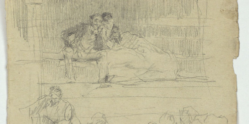 image for: Marià Fortuny - Parella asseguda i figures en una llotja (anvers) / Esbós d&#039;altar (revers) - Cap a 1863-1867