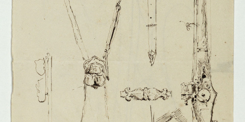 image for: Marià Fortuny - Espingarda i altres objectes (anvers) / Inicials entrellaçades i diversos objectes (revers) - Cap a 1863-1872