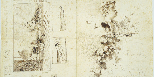 image for: Marià Fortuny - Estudi per al quadre «Els fills del pintor en un saló japonès» i altres dibuixos - Cap a 1874