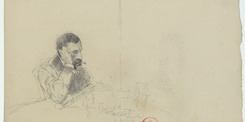 image for: Marià Fortuny - Home jugant a escacs (anvers) / Croquis de figures i motiu arquitectònic (revers) - Cap a 1867-1872