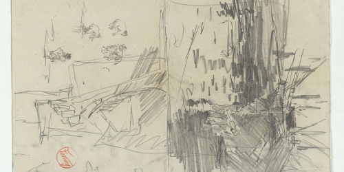 image for: Marià Fortuny - Barcassa amb figures i croquis inconcret (anvers) / Esbós de figures i croquis de fulles (revers) - Cap a 1874