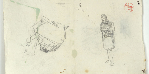 image for: Marià Fortuny - Figura i coverol (anvers) / Croquis de guitarristes (revers) - Cap a 1867-1872