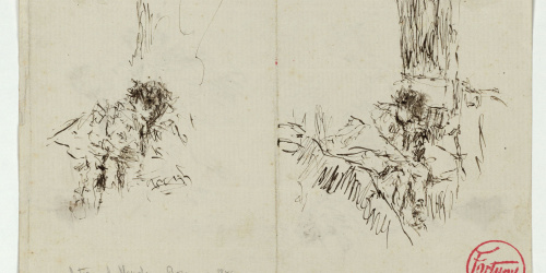 image for: Marià Fortuny - En el tren de Nápoles a Roma (anvers) / Croquis de María Luisa Fortuny, filla de l&#039;artista (revers) - Cap a 1874