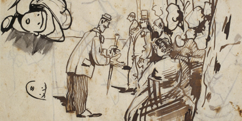 image for: Ramon Casas - Apunt de la Rambla de les Flors i caps (anvers) / Croquis de figures masculines i apunts de mans (revers) - Cap a 1890-1900