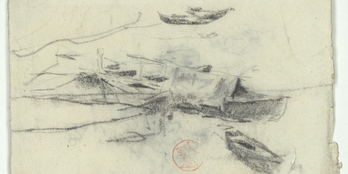 image for: Marià Fortuny - Barques a la platja (anvers) / Croquis inconcret (revers) - Cap a 1874