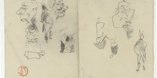 image for: Marià Fortuny - Caps caricaturescos i esbós de figures (anvers) / Esbós de carrer amb figures (revers) - Cap a 1867-1872