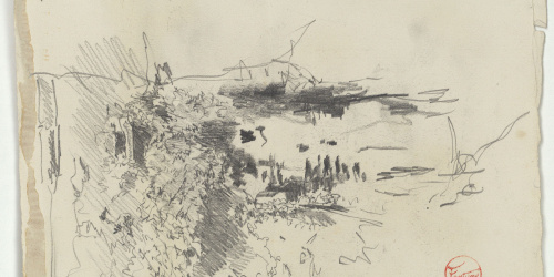 image for: Marià Fortuny - Paisatge (anvers) / Motius ornamentals d'estil musulmà i croquis inconcret (revers) - Cap a 1870-1872