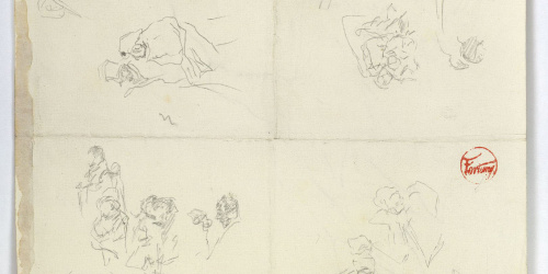 image for: Marià Fortuny - Croquis de figures i caps femenins (anvers) / Croquis de roca i figures (revers) - Cap a 1870-1872