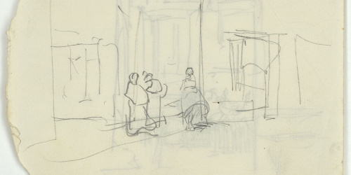 image for: Marià Fortuny - Croquis d&#039;un carrer amb figures (anvers) / Croquis d&#039;interior amb figures (revers) - Cap a 1871